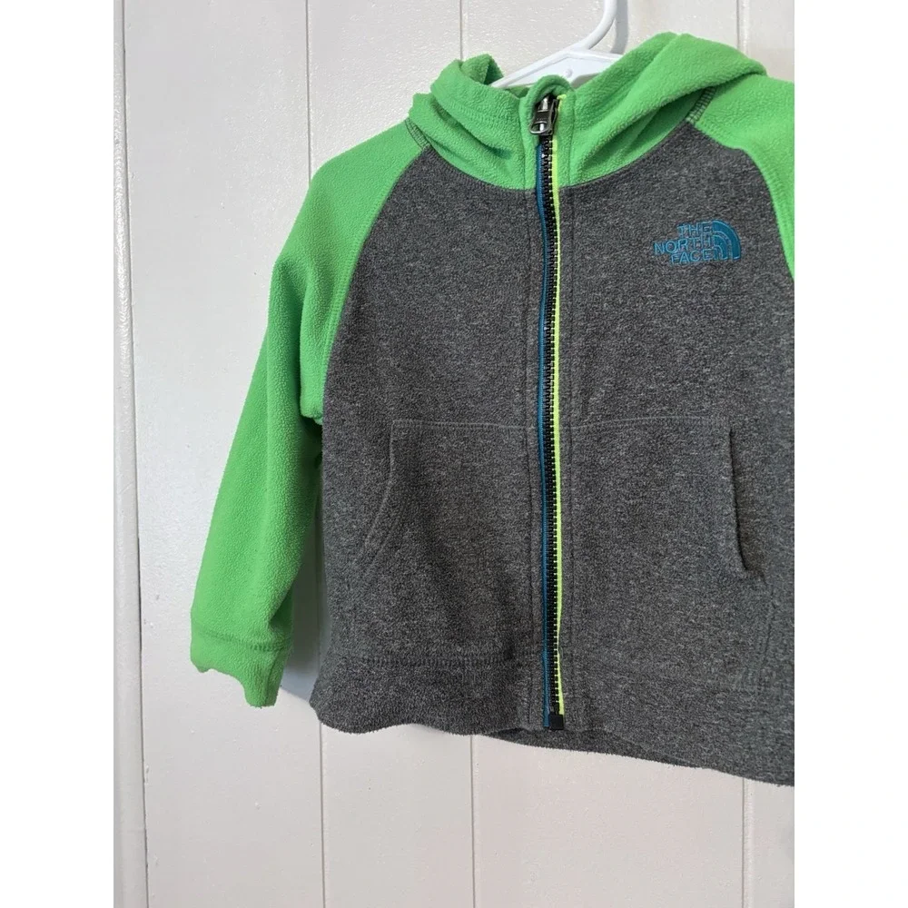 The North Face Toddlers Boy 2T Fleece Jacket Zip Green Gray Blue Pockets Hooded‎